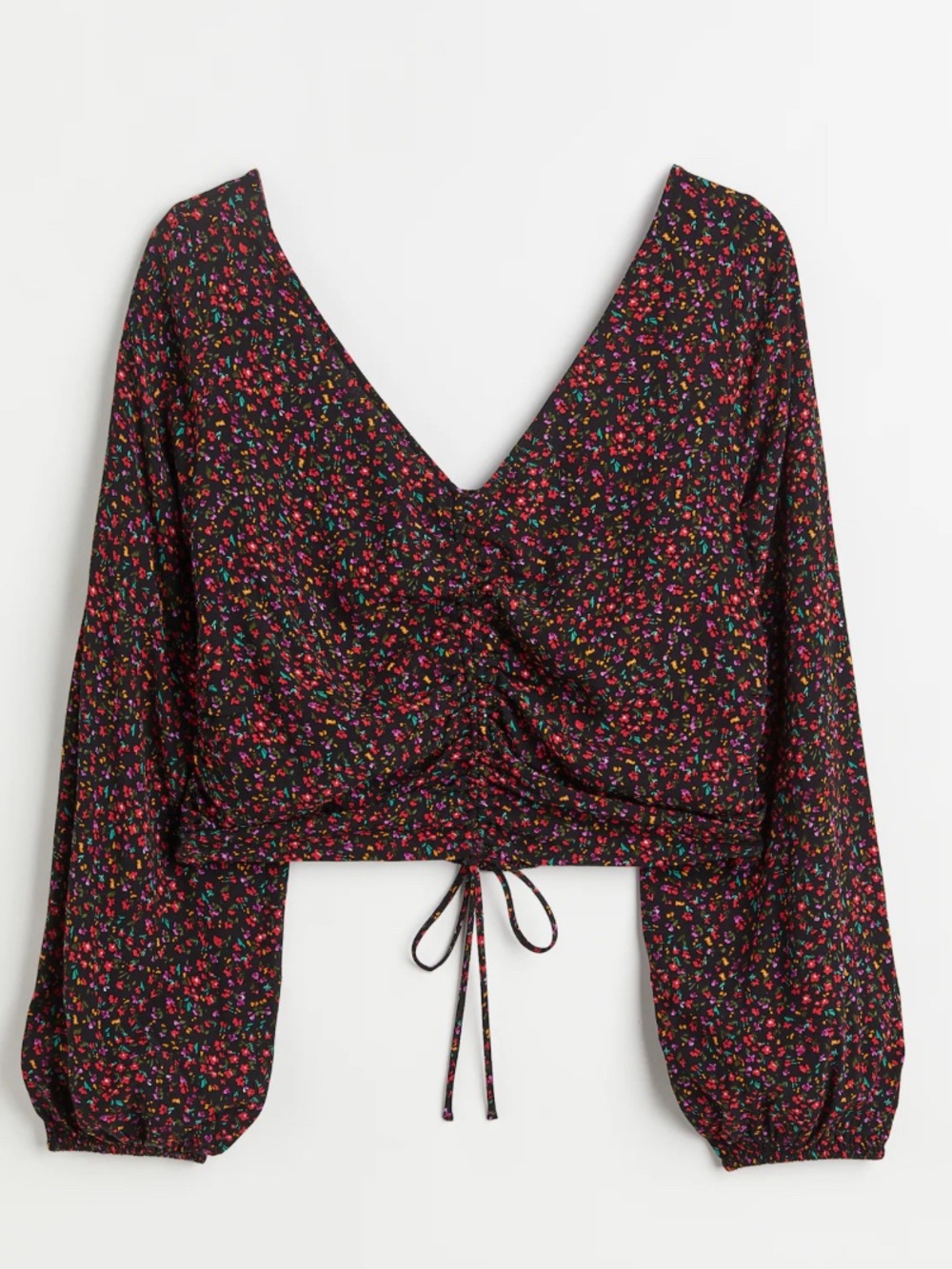 NWT H&M Floral Print Long Sleeve Ruched Cropped Blouse Size Large
